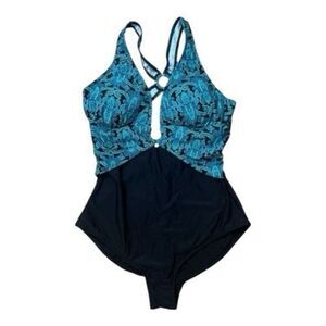 Women Swimsuit One Piece Plus Size 18 Plunge Neck Turquoise Black Beach Summer